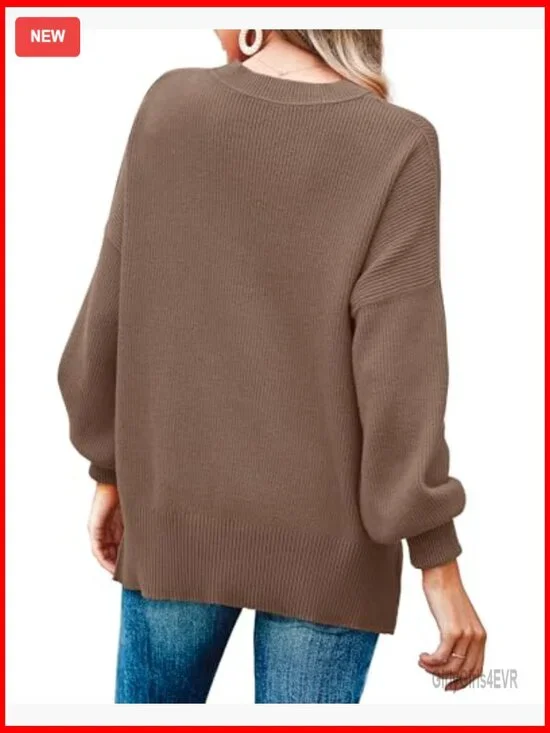 Oversized Ribbed Knit Pullover Sweater with Side Slits, Slouchy Tunic - Picture 4 of 6